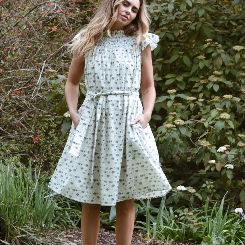 Handmade* Smocked High-Neck Light Blue Floral Mini Dress with Tie Waist